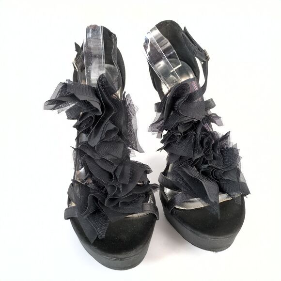 Wild Diva Ruffle Front Black Satin Stiletto Heel Strappy Shoes Women's 11 Buckle - Picture 4 of 9